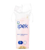 بسته پد پاک‌ کننده آرایش ایپک (ipek) شامل ۷۰ عدد پد پنبه‌ای گرد، بسته‌بندی نایلونی شفاف با رنگ صورتی و بند کشی در بالا