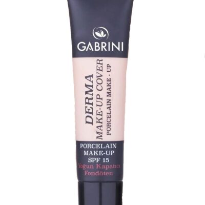 کرم پودر تیوپی گابرینی Derma Make-Up Cover با SPF15 و پوشش بالا، در بستهبندی مشکی براق و بژ با چاپ مشکی و سفید