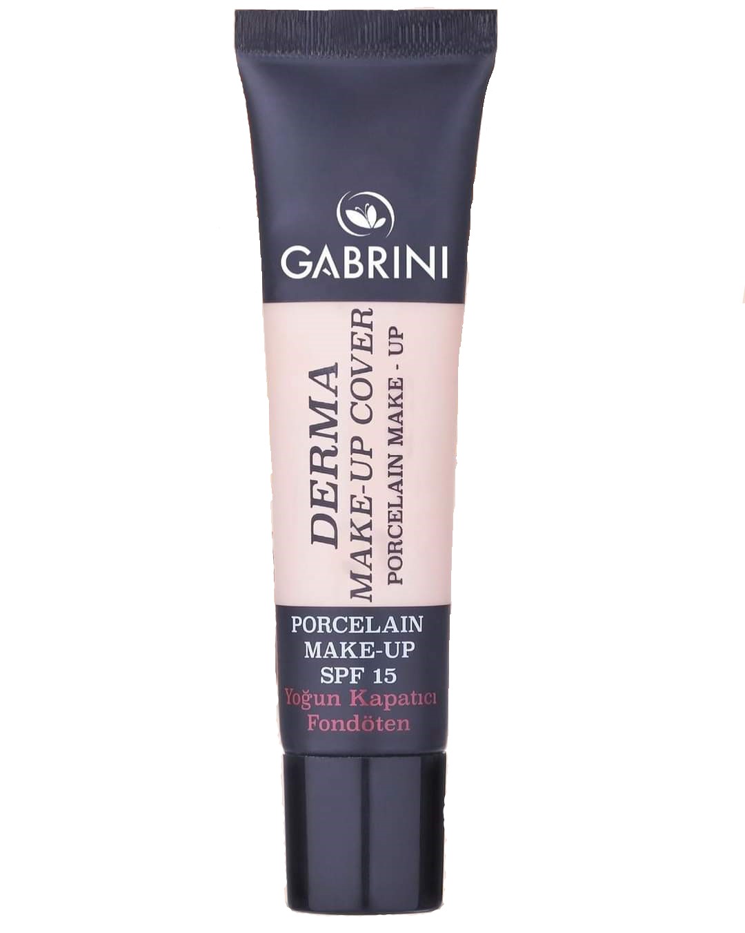 درما کرم پودر تیوپی گابرینی Derma Make-Up Cover با SPF15 و پوشش بالا، در بستهبندی مشکی براق و بژ با چاپ مشکی و سفید