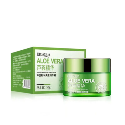 کرم آلوورا اصل بیوآکوا، ترمیمکننده و آبرسان پوست در قوطی کاسه ای سبز شیشهای و جعبه هماهنگ 50 گرمی