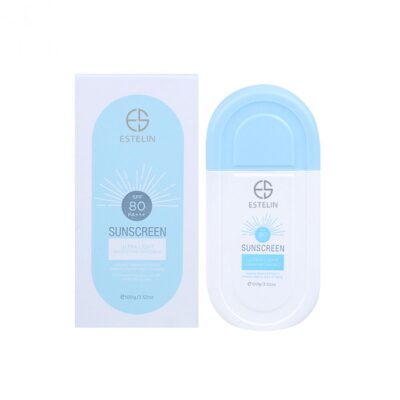 کرم ضد آفتاب بی رنگ استلین، در قوطی بیضی شکل، با دری آبی رنگ و بدنه سفید، اس پی اف 80 مدل اولترا لایت، حجم 100 میل