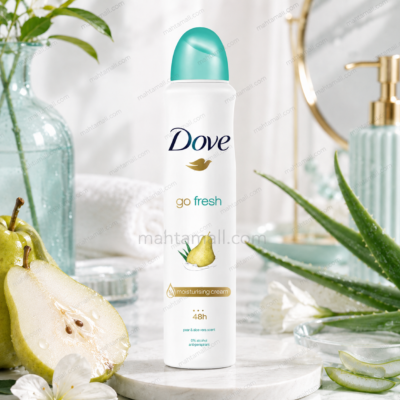 اسپری بدن ضد تعریق داو رایحه گلابی، دارای سر سبز رنگ، جم 250 میل، مدل go fresh
