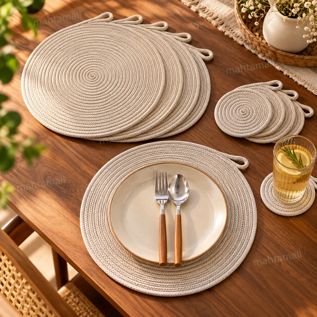 Cozy Braided Rope Table Setting ست زیر بشقابی و زیر لیوانی قیطاندوزی کرم روی میز چوبی با طراحی گرد